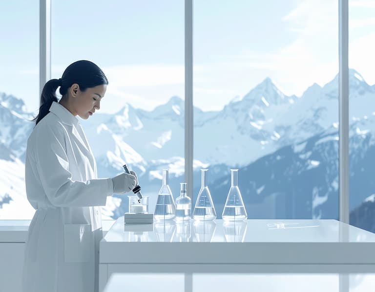 Une scientifique formulant des soins de luxe dans un laboratoire de haute technologie avec vue sur les Alpes suisses