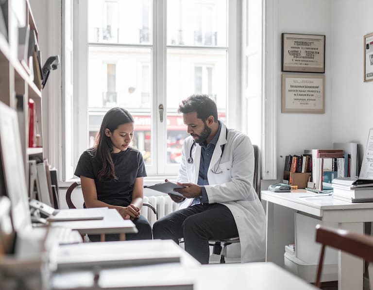Vue large d'un médecin généraliste de quartier en Île-de-France lors d'une consultation de suivi avec un patient