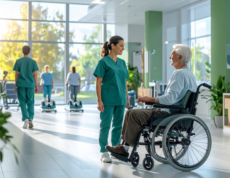 Vue panoramique d'un centre de médecine physique montrant le médecin avec un patient et des équipements de rééducation robotisés en arrière-plan